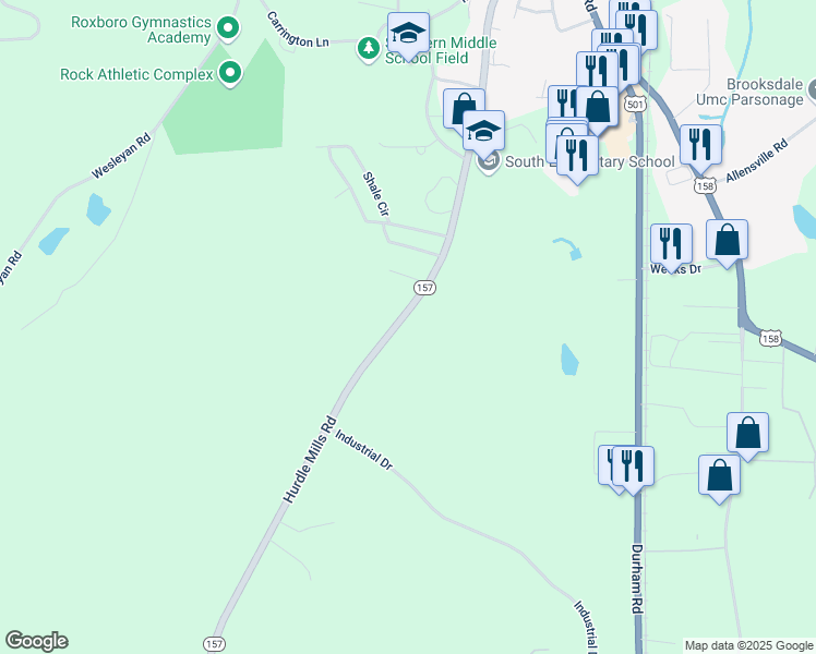 map of restaurants, bars, coffee shops, grocery stores, and more near 1671 Hurdle Mills Road in Roxboro