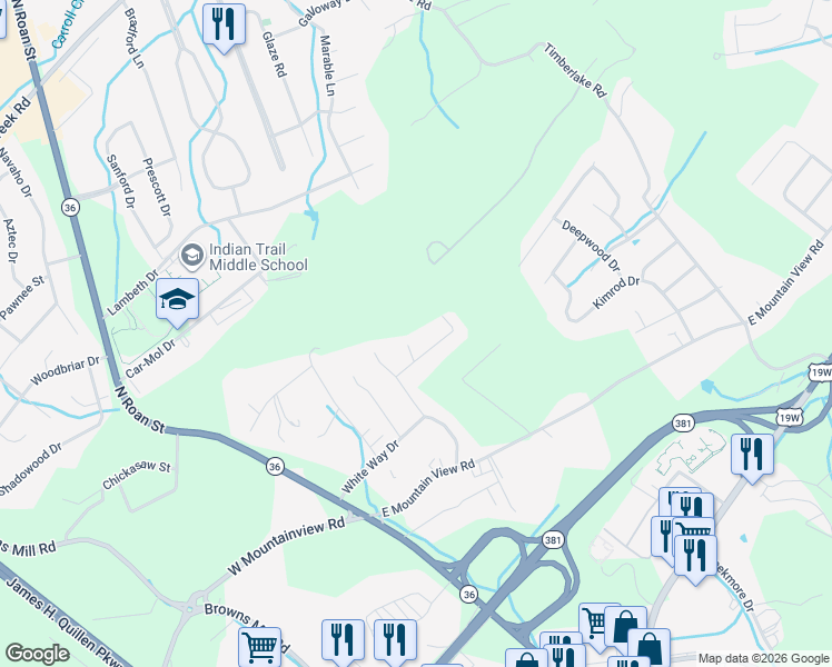 map of restaurants, bars, coffee shops, grocery stores, and more near 2 Rovan Court in Johnson City