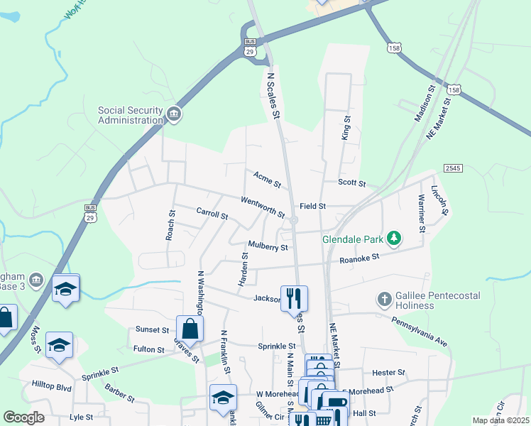 map of restaurants, bars, coffee shops, grocery stores, and more near 403 Wentworth Street in Reidsville