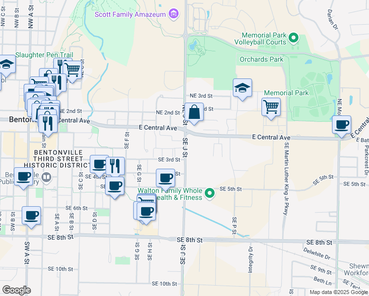 map of restaurants, bars, coffee shops, grocery stores, and more near 905 Southeast Brick Avenue in Bentonville