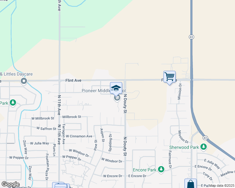 map of restaurants, bars, coffee shops, grocery stores, and more near 101 West Pioneer Way in Hanford