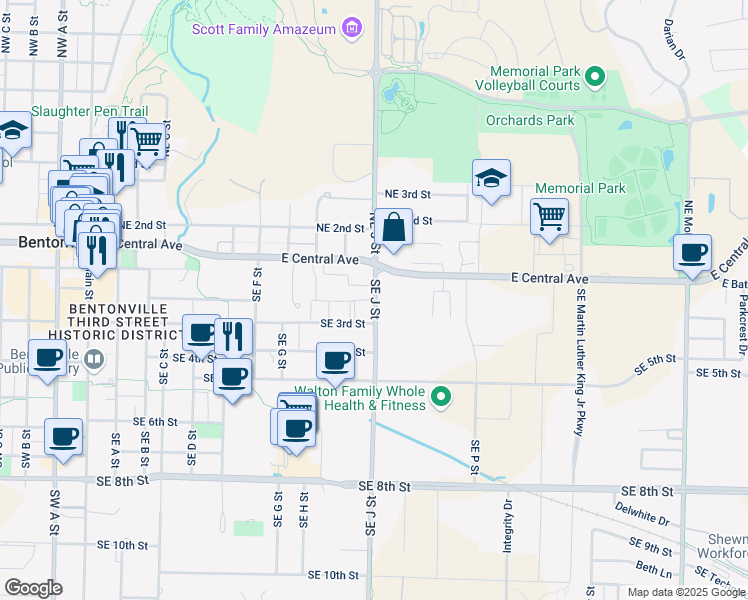 map of restaurants, bars, coffee shops, grocery stores, and more near 905 Southeast Brick Avenue in Bentonville