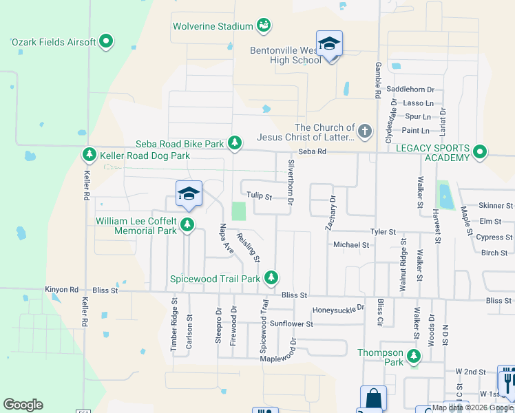 map of restaurants, bars, coffee shops, grocery stores, and more near 1120-1130 Shiraz Drive in Centerton