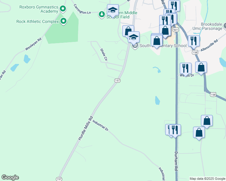 map of restaurants, bars, coffee shops, grocery stores, and more near 1671 Hurdle Mills Road in Roxboro