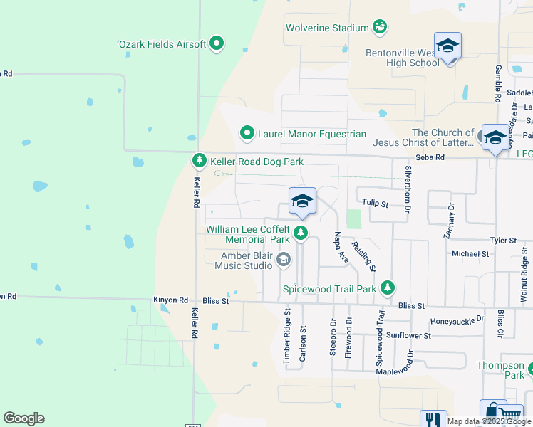 map of restaurants, bars, coffee shops, grocery stores, and more near 1780 Forest Drive in Centerton