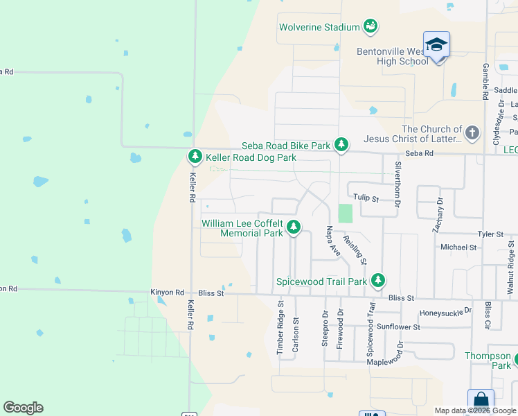 map of restaurants, bars, coffee shops, grocery stores, and more near 1620 Forest Drive in Centerton