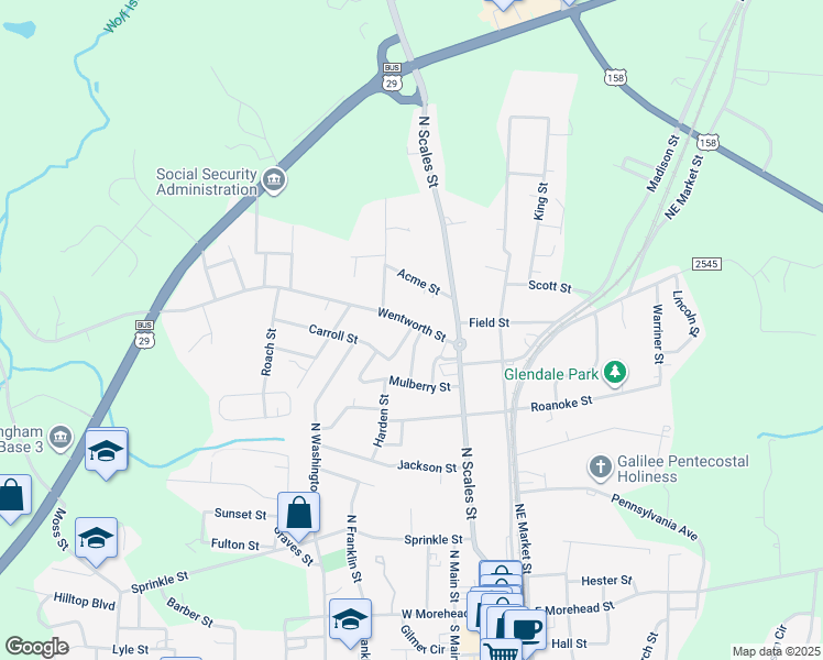 map of restaurants, bars, coffee shops, grocery stores, and more near 403 Wentworth Street in Reidsville