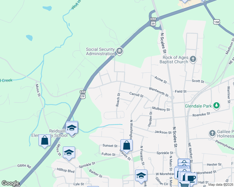 map of restaurants, bars, coffee shops, grocery stores, and more near 1203 Wentworth Street in Reidsville