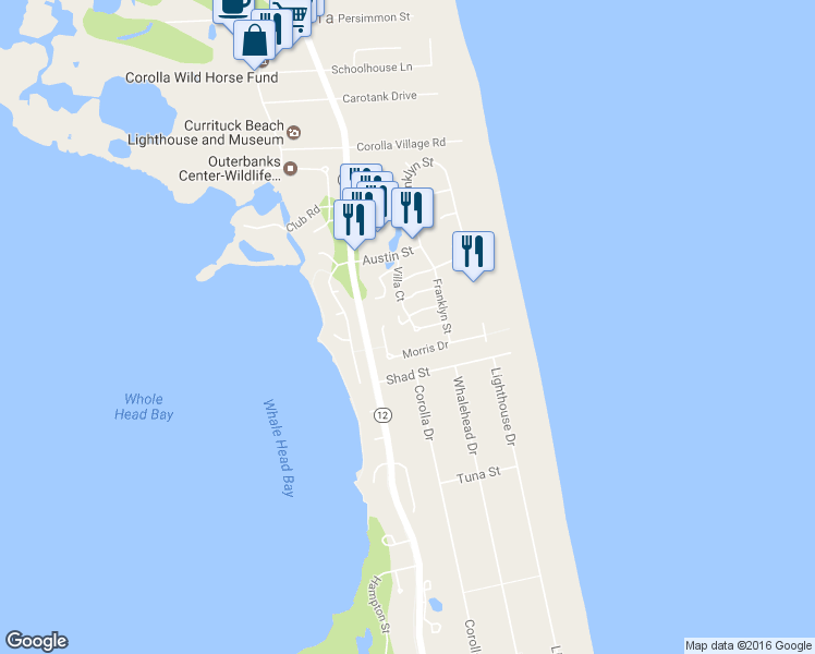 map of restaurants, bars, coffee shops, grocery stores, and more near 1142 Albemarle Court in Corolla