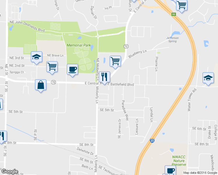 map of restaurants, bars, coffee shops, grocery stores, and more near 2504 East Central Avenue in Bentonville