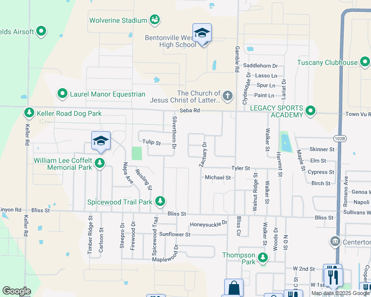 map of restaurants, bars, coffee shops, grocery stores, and more near 917 Fieldstone Court in Centerton