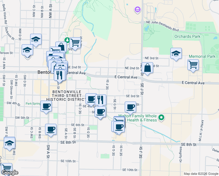 map of restaurants, bars, coffee shops, grocery stores, and more near 111 Southeast F Street in Bentonville