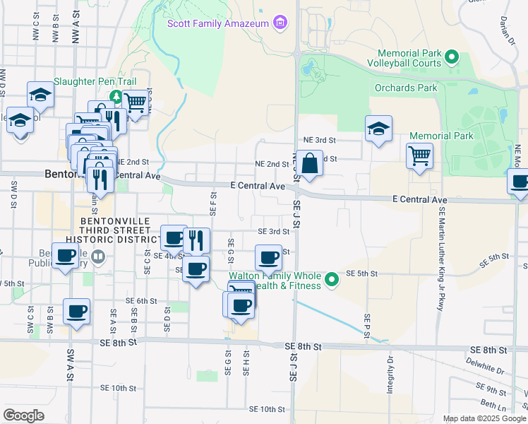 map of restaurants, bars, coffee shops, grocery stores, and more near 903 Southeast Brick Avenue in Bentonville