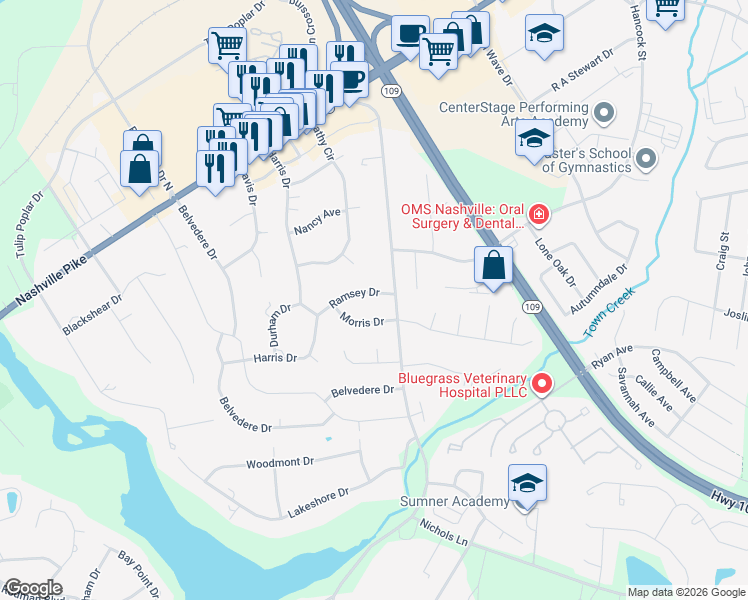 map of restaurants, bars, coffee shops, grocery stores, and more near 909 Ramsey Drive in Gallatin