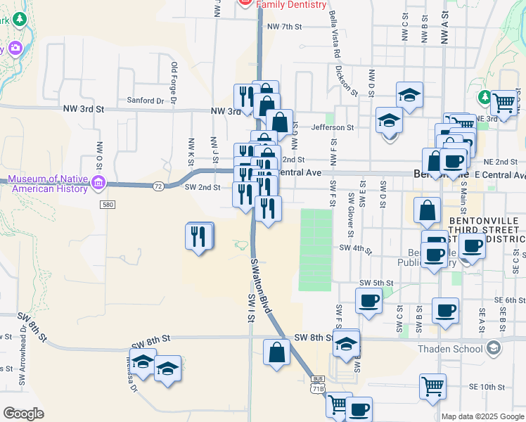 map of restaurants, bars, coffee shops, grocery stores, and more near 301 S Walton Blvd in Bentonville