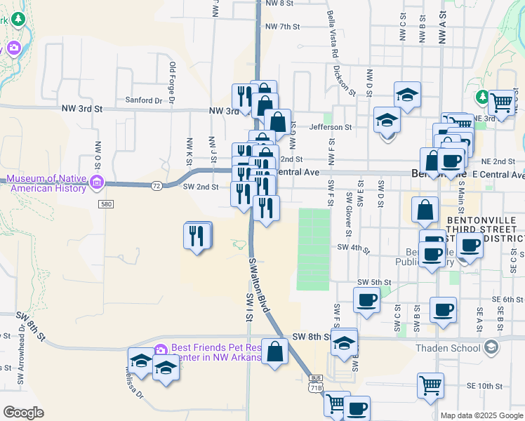 map of restaurants, bars, coffee shops, grocery stores, and more near 301 South Walton Boulevard in Bentonville