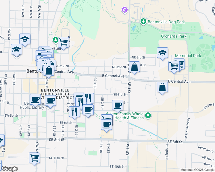 map of restaurants, bars, coffee shops, grocery stores, and more near 113 Southeast G Court in Bentonville