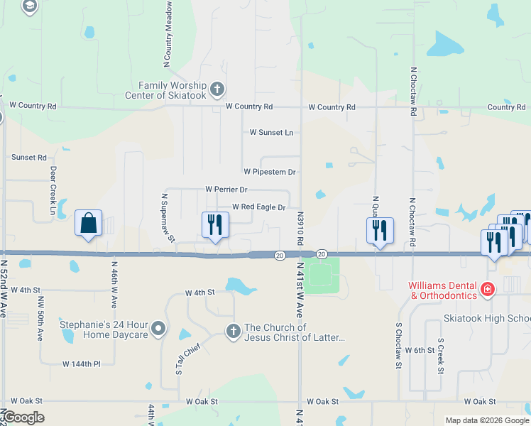 map of restaurants, bars, coffee shops, grocery stores, and more near 4123 West Red Eagle Drive in Skiatook
