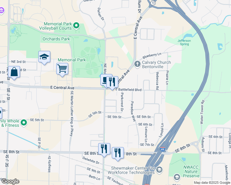map of restaurants, bars, coffee shops, grocery stores, and more near 2518 East Battlefield Boulevard in Bentonville