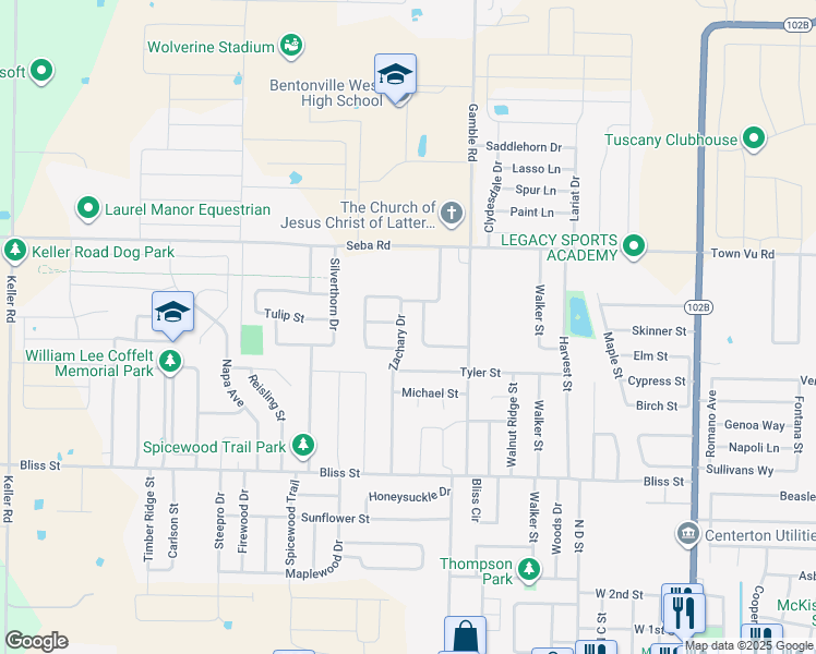 map of restaurants, bars, coffee shops, grocery stores, and more near 910 Zachary Drive in Centerton