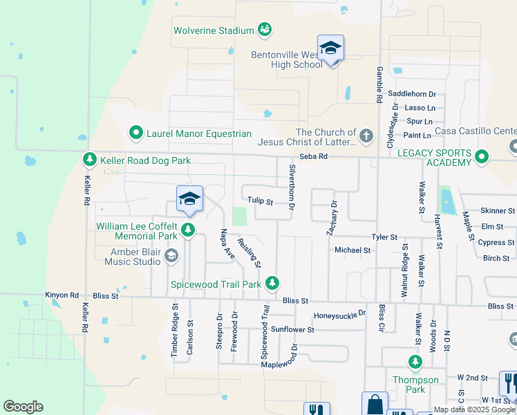 map of restaurants, bars, coffee shops, grocery stores, and more near 1120-1130 Shiraz Drive in Centerton