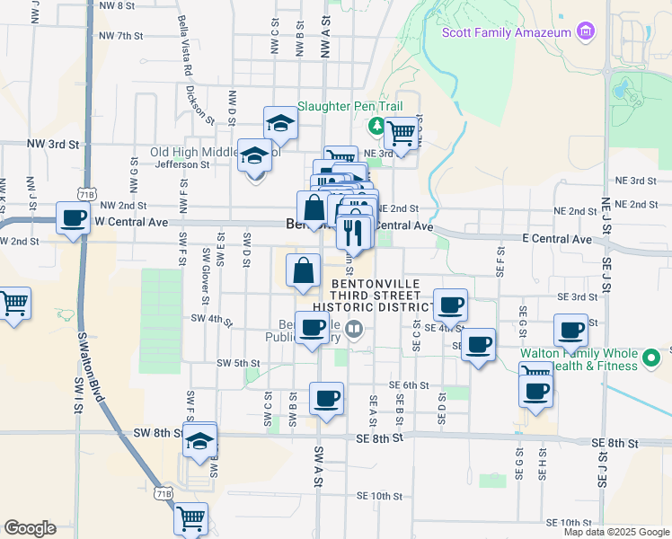 map of restaurants, bars, coffee shops, grocery stores, and more near 220 South Main Street in Bentonville