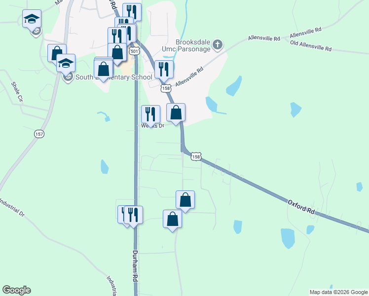 map of restaurants, bars, coffee shops, grocery stores, and more near 47 Oxford Road in Roxboro