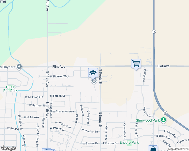 map of restaurants, bars, coffee shops, grocery stores, and more near 170 West Pioneer Way in Hanford