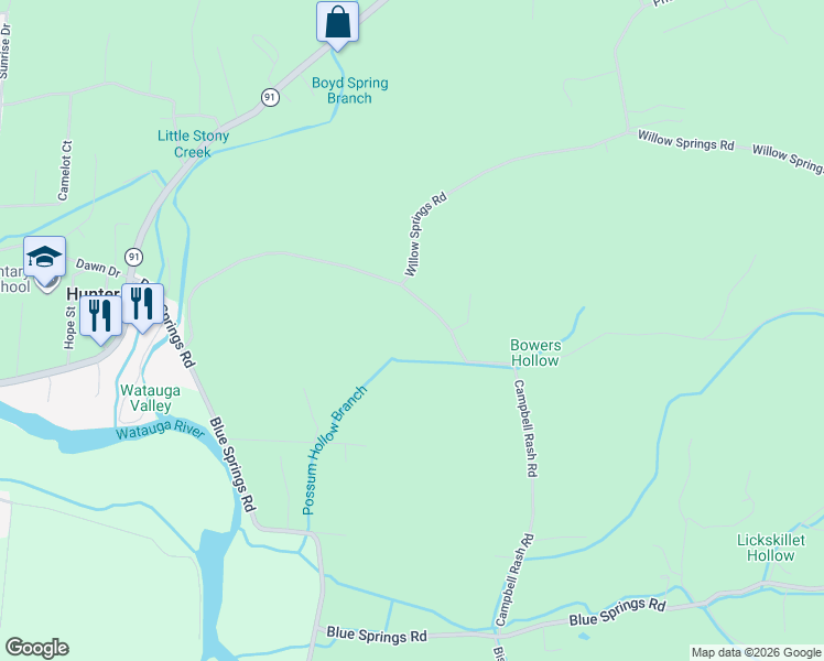 map of restaurants, bars, coffee shops, grocery stores, and more near 14 Campbell Rash Road in Elizabethton
