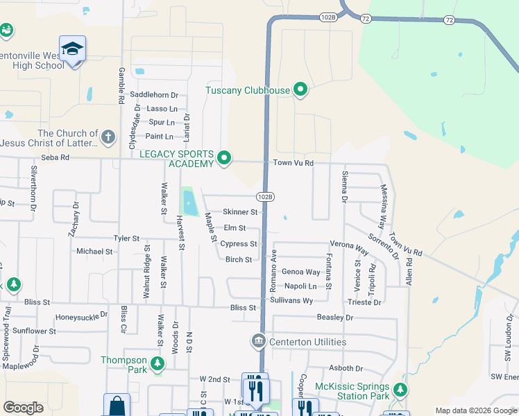 map of restaurants, bars, coffee shops, grocery stores, and more near 106 Skinner Street in Centerton