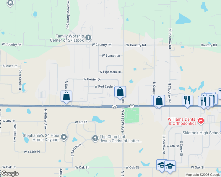 map of restaurants, bars, coffee shops, grocery stores, and more near 4123 West Red Eagle Drive in Skiatook