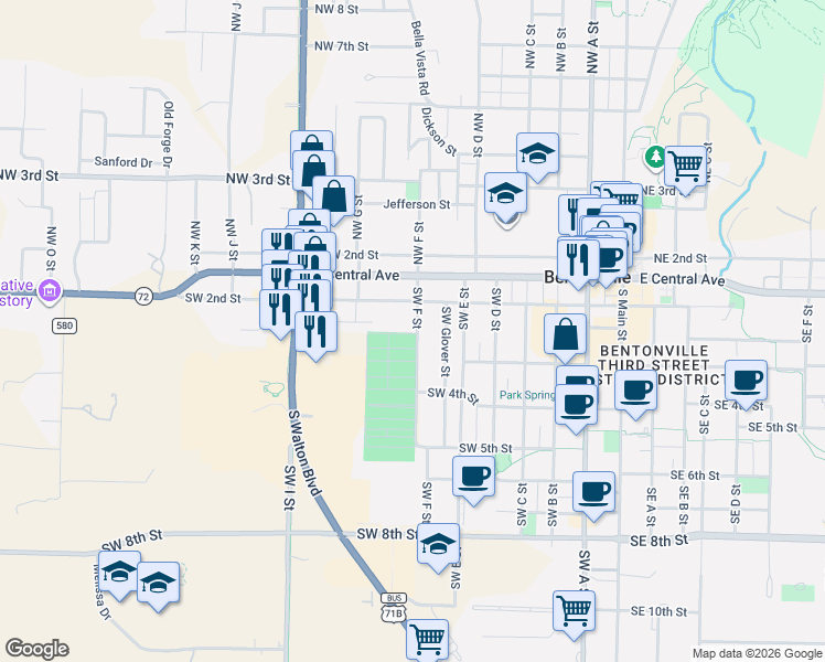 map of restaurants, bars, coffee shops, grocery stores, and more near 211 Southwest F Street in Bentonville