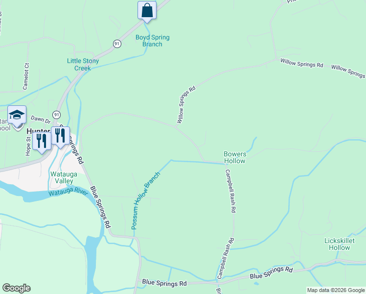 map of restaurants, bars, coffee shops, grocery stores, and more near 14 Campbell Rash Road in Elizabethton