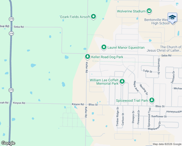 map of restaurants, bars, coffee shops, grocery stores, and more near Keller Road in Centerton