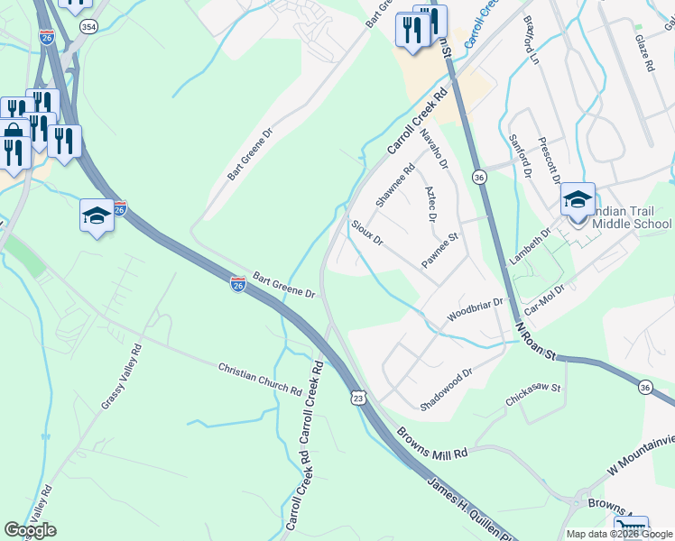 map of restaurants, bars, coffee shops, grocery stores, and more near 9 Crouch Court in Johnson City