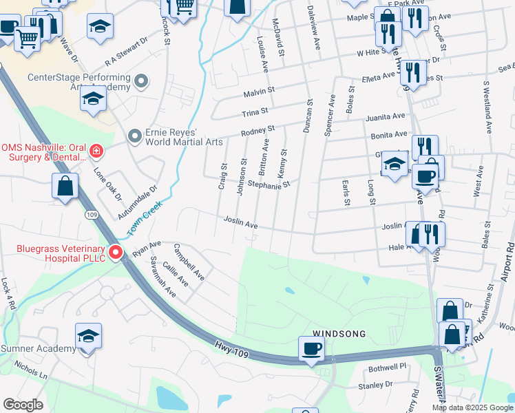 map of restaurants, bars, coffee shops, grocery stores, and more near 932 Britton Avenue in Gallatin