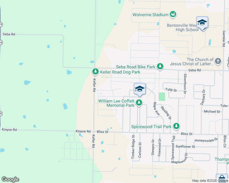 map of restaurants, bars, coffee shops, grocery stores, and more near 1620 Forest Drive in Centerton