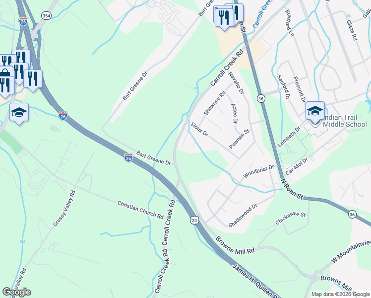map of restaurants, bars, coffee shops, grocery stores, and more near 9 Crouch Court in Johnson City