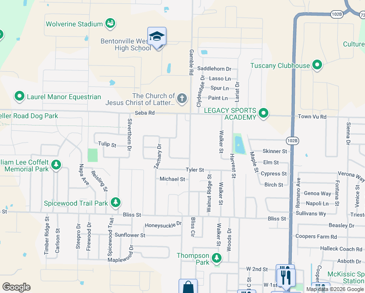 map of restaurants, bars, coffee shops, grocery stores, and more near 1011 Gamble Rd in Centerton