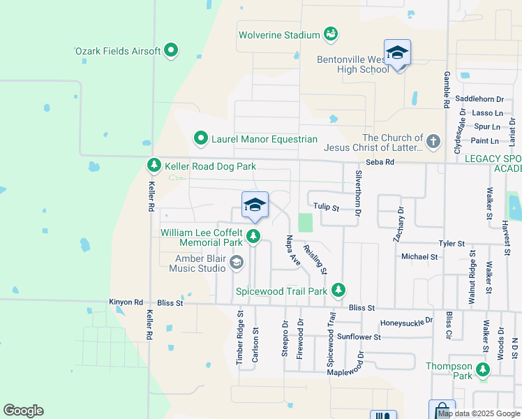 map of restaurants, bars, coffee shops, grocery stores, and more near 1550 Forest Drive in Centerton