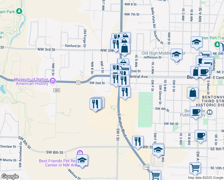 map of restaurants, bars, coffee shops, grocery stores, and more near 205 Big Tree Drive in Bentonville