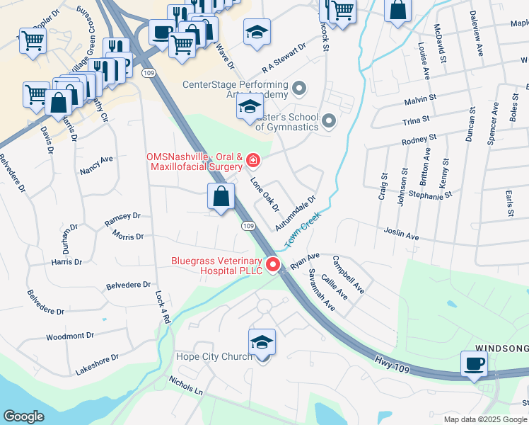 map of restaurants, bars, coffee shops, grocery stores, and more near 626 Autumndale Drive in Gallatin