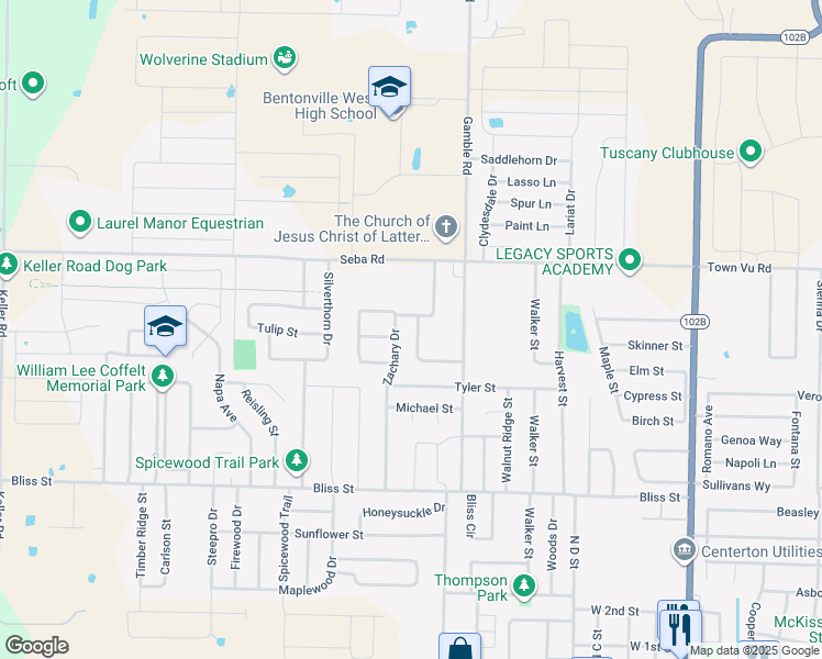 map of restaurants, bars, coffee shops, grocery stores, and more near 910 Zachary Drive in Centerton