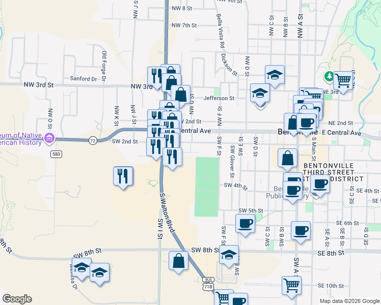 map of restaurants, bars, coffee shops, grocery stores, and more near 301 Southwest G Street in Bentonville