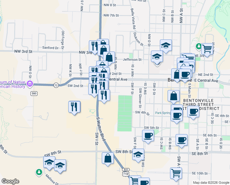 map of restaurants, bars, coffee shops, grocery stores, and more near 301 Southwest G Street in Bentonville