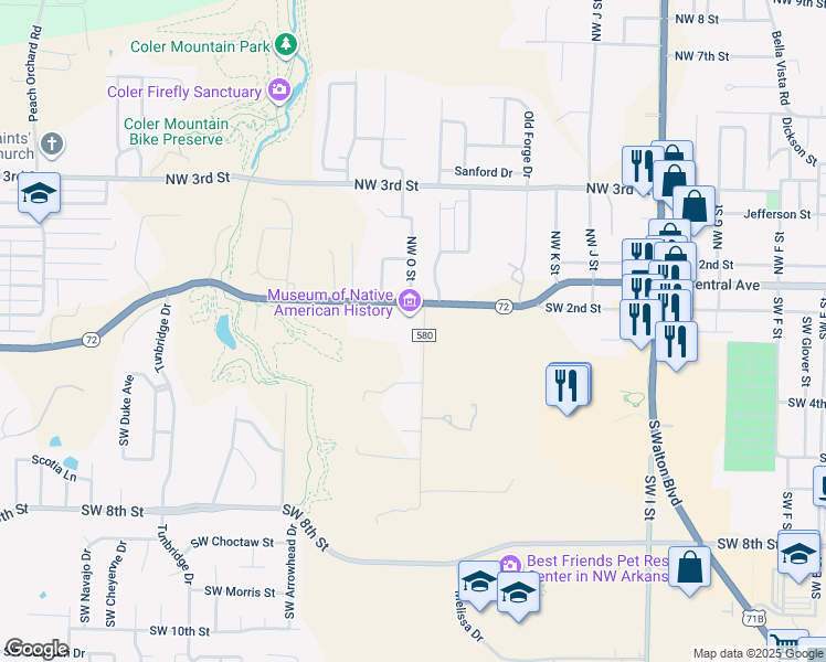 map of restaurants, bars, coffee shops, grocery stores, and more near 210 Southwest O Street in Bentonville