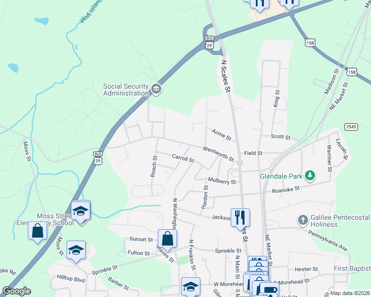 map of restaurants, bars, coffee shops, grocery stores, and more near 700 Bradley Street in Reidsville