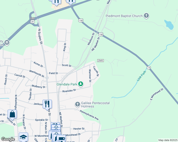 map of restaurants, bars, coffee shops, grocery stores, and more near 534 Warriner Street in Reidsville