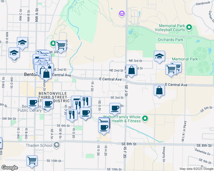 map of restaurants, bars, coffee shops, grocery stores, and more near 108 Southeast H Street in Bentonville