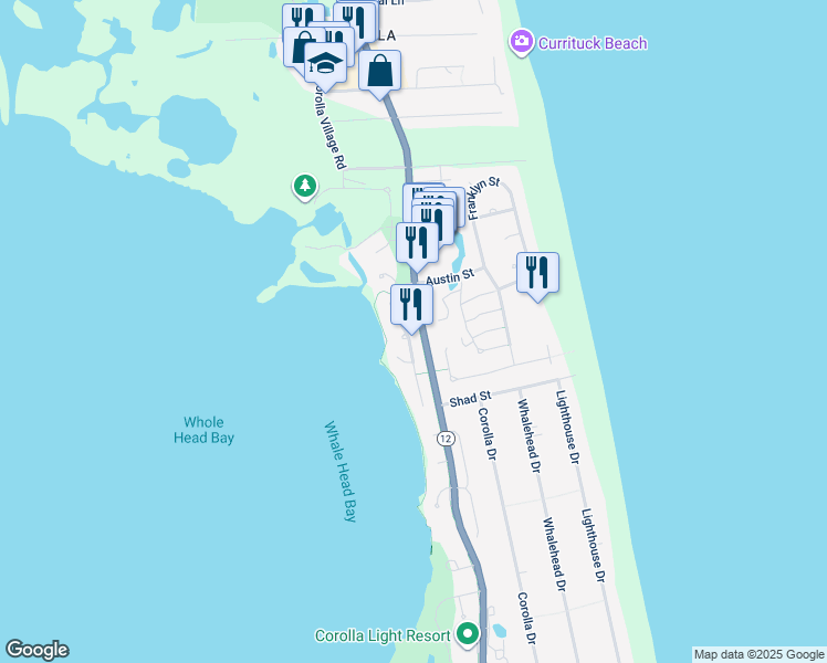 map of restaurants, bars, coffee shops, grocery stores, and more near 211-213 Corolla Boulevard in Corolla
